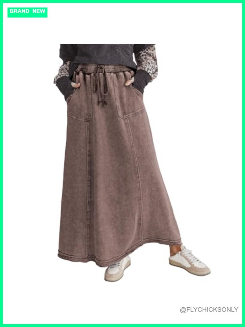 Women's Acid Wash Maxi Skirt Cotton High Waist Elastic A-Line Flowy Boho Pockets